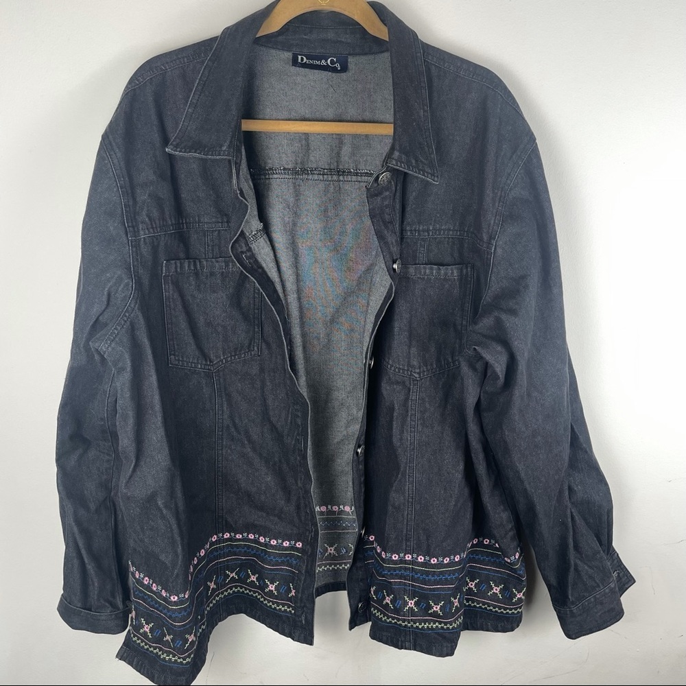 Denim & Co Black Floral Stitch Denim Jacket Size 2X